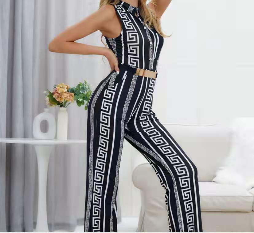European And American Fashion Loose Casual Jumpsuit Printed Trousers Belt